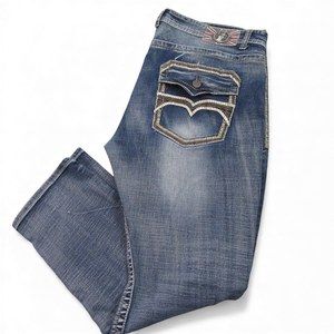 Monarchy Mens Jeans 42 X 32 Blue Medium Wash Cotton Faux Pocket Embroidered Y2K